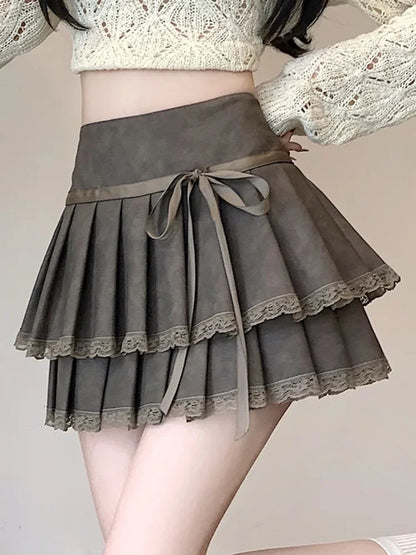 liwuka Chic Pleated Pu Skirts for Women High Waisted brown Black Fashion Solid Mini Skirts Autumn A Line Skirt 2024