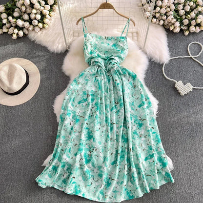 liwuka 2024 New Summer Romantic Floral Print Long Dress Vintage Rose Print High Waist Spaghetti Strap Summer Dress Lady Beach Sundress