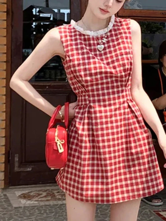 liwuka Summer Vintage Y2k Chic Mini Dress Women Korean Fashion Lace-up One Piece Dress Female Red Plaid Bow Slim Sleeveless Dress 2024