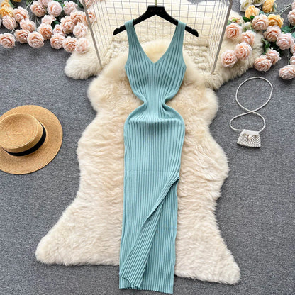 liwuka Women Dress Sexy V-neck Slim Elastic Ribbed Knitted One Piece Bodycon Dress Streetwear Lady Vestidos