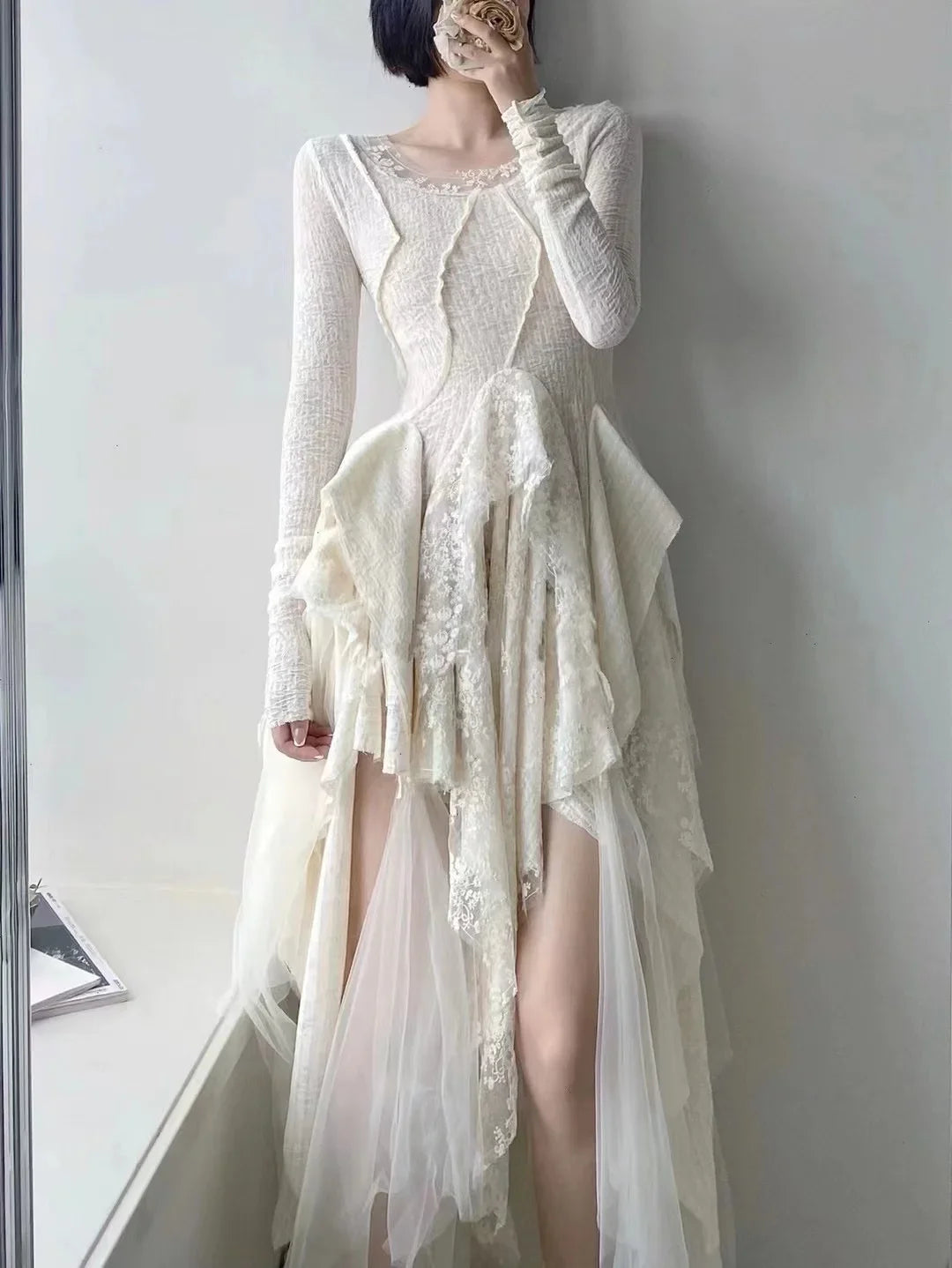 liwuka Spring Summer New Gothic Style Boho Dress O-neck Long Sleeve Lace Splicing Irregular Layered Long Dress Vestidos