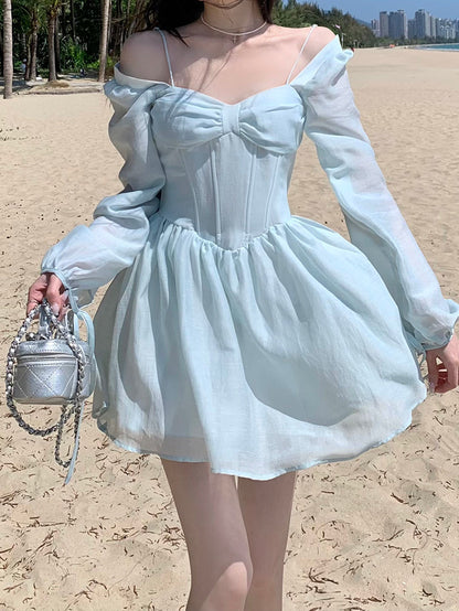 liwuka Long Sleeve Dress Female Blue Sweet A-Line Summer High Waist Vintage Slim Fairy Dress Princess Dress Sundress Beachwear Holiday Fairy Dress