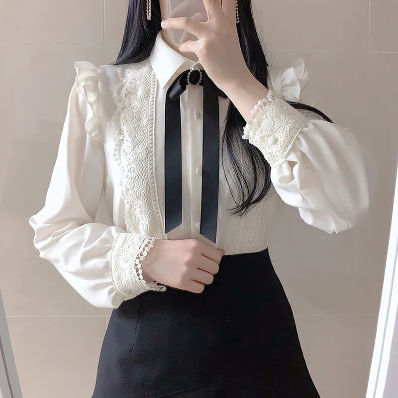 liwuka Hot Sales Women Cute Sweet Girls Preppy Style Tops Blouses Formal FLHJLWOC Office Lady Basic White Button Shirts