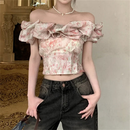 liwuka S-M Women Slash Neck Florals Blouses Summer Off Shoulders Short Sleeve Sweet Party Ruffles Slim New Daily Mujer