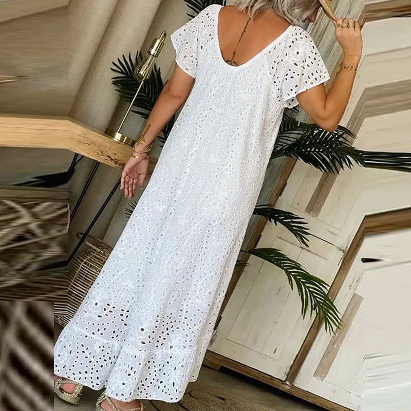 liwuka Summer Solid Color Short Sleeve Dress Female Casual Lace Crochet Pleated Maxi Dress New Fashion Hollow Out Backless Loose Dress