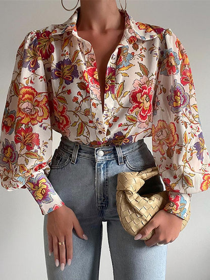 liwuka Women's Floral Print Puff Sleeve Shirt Female Elegant Casual V Neck Shirts Spring Summer Fashion Office Ladies Tops Blouses