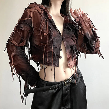 liwuka Goth Dark Fairy Grunge Y2k Tassel Hooded Cardigans Vintage Gothic Long Sleeve Women Blouses Streetwear Single-breasted Crop Tops