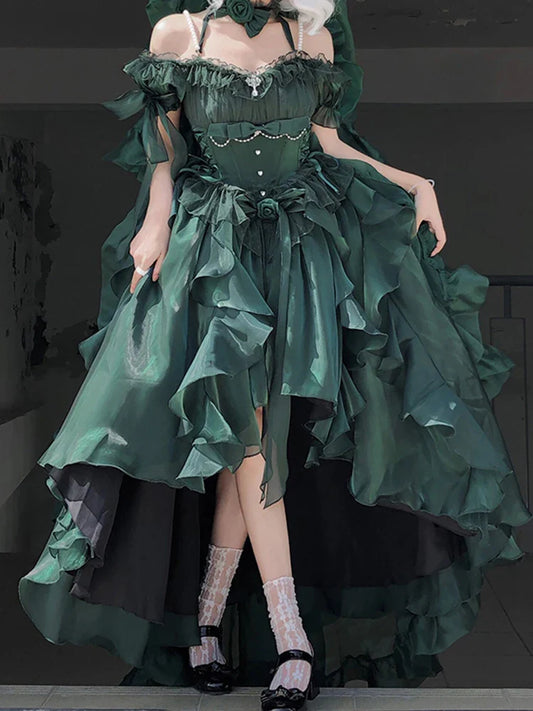 liwuka Pearl Suspender Dress Summer Emerald Mesh Lolita Princess Sexy Beautiful