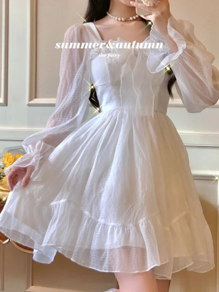 liwuka White Kawaii Dress Women Chiffon Lolita Style Long Sleeve Mini Dresses Bow Fairy Robe Ruffles Patchwork Square Collar