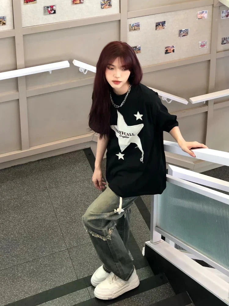 liwuka Star Pattern Oversized T Shirt Women Black Streetwear Short Sleeve Female Tees Hip Hop Harajuku Summer O-Neck Girl Tops