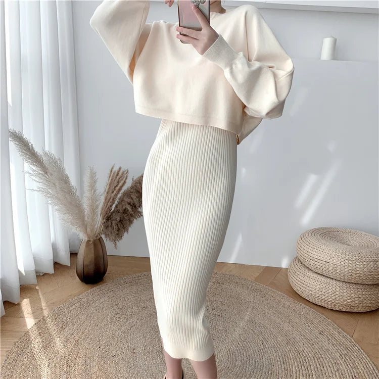 liwuka 2 Pieces Set Long Dress for Women Fall Winter Korean Fashion Sleeveless Knitted Dress and Cropped Sweater Set