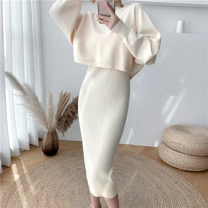 liwuka 2 Pieces Set Long Dress for Women Fall Winter Korean Fashion Sleeveless Knitted Dress and Cropped Sweater Set