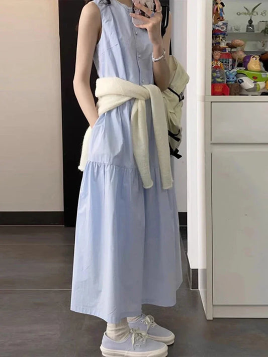 liwuka Sweet Ladies A-line Dress Summer French Solid Color Slim Women Dress Blue Casual Loose Fashion Street Sleeveless Woman Dress