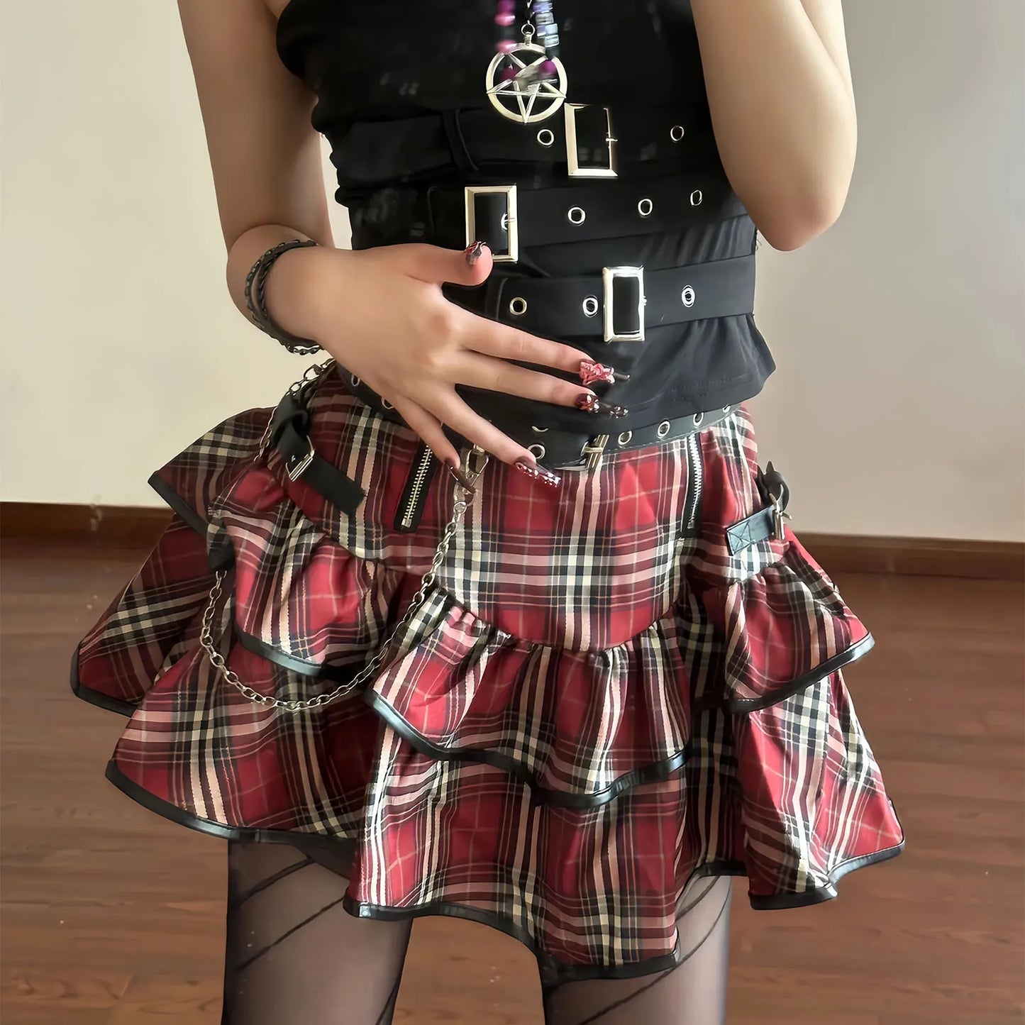 liwuka Korean Japanese Sweet Hot Clothes Gothic Punk Skirts Y2k Streetwear Dark Aesthetics Pleated Ball Gown Plaid Stripe Mini S