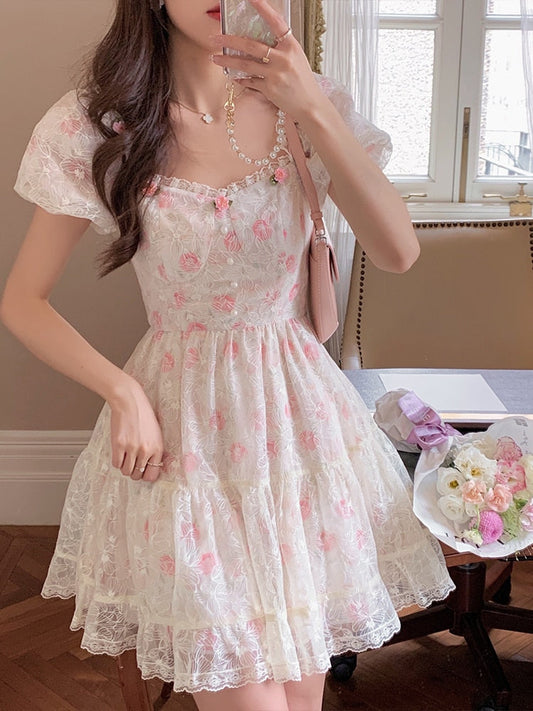 liwuka  Floral Lace Korean Sweet Dress Women France Vintage Elegant Party Mini Dresses Female Print Casual Beach Boho Fairy Dress Summer