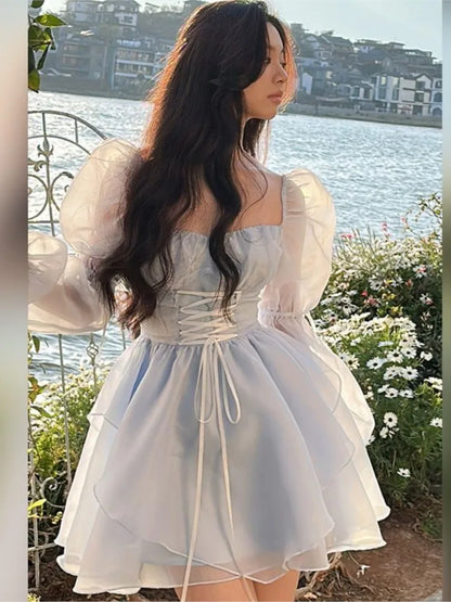 liwuka Sweet Kawaii Mini Dress Vintage Korean Elegant Fashion Party Dress Women Fairy Princess Puff Sleeve Chic Summer Prom Dress