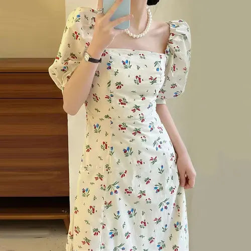 liwuka Korean Chic Summer Simple Dress for Women Square Collar Slim Waist A-line Dresses Sweet Puff Sleeve Floral Long Vestidos