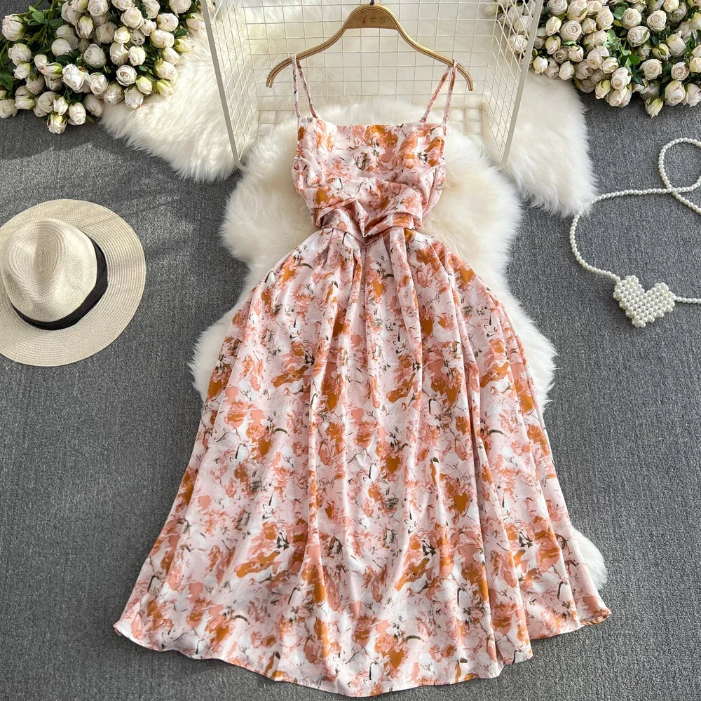 liwuka 2024 New Summer Romantic Floral Print Long Dress Vintage Rose Print High Waist Spaghetti Strap Summer Dress Lady Beach Sundress