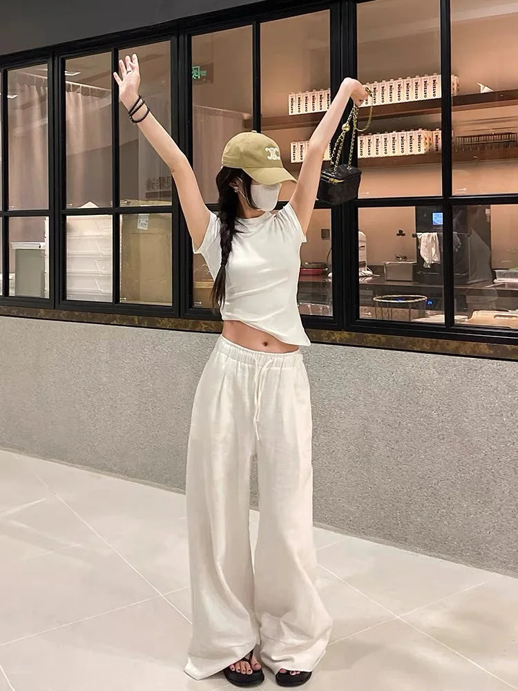 liwuka Wide Leg White Linen Pants Woman Casual Basic Summer 2024 Oversize Female Straight Trousers Baggy Elastic Waist Pants