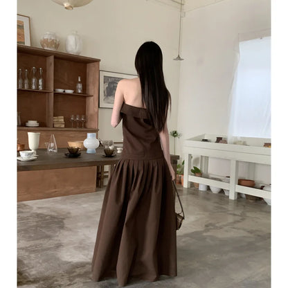 liwuka NEW Brown Elegant Party Dresses Chest Wrapping Solid Women's Clothing Dress Lace Sexy Fashion Retro Summer Long Ball Dress