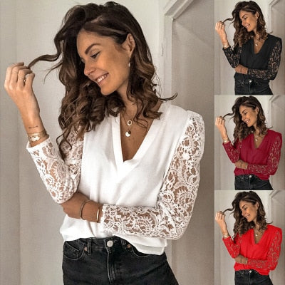 liwuka New Arrival Elegant Blouses Women Lace Tops Chic Women's Blouses Fashion Plus Size Woman Shirt V Neck Women Tops and Blouse