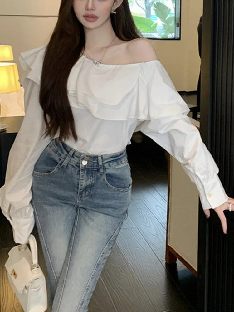 liwuka Korean Fashion White Shirts Women Spring Long Sleeve Slash Neck Casual Blouses Elegant Off Shoulder Ruffles Ladies Tops Blusas