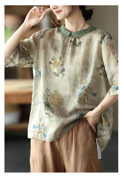 liwuka Women Summer Casual Shirts New Vintage Style Floral Print Loose Comfortable Cotton Linen Female Half Sleeve Tops