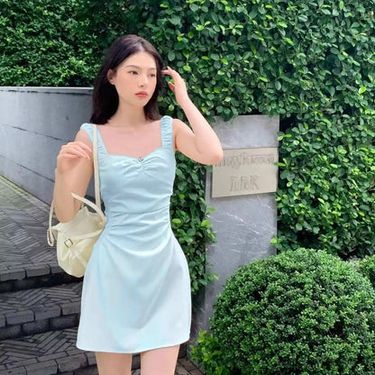 liwuka Korean Fashion Square Neck Sling Dress Women's Summer Sweet Spicy Girl Wrap Hip Short A-line Dress Female Clothing