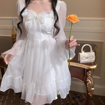 liwuka White Kawaii Dress Women Chiffon Lolita Style Long Sleeve Mini Dresses Bow Fairy Robe Ruffles Patchwork Square Collar