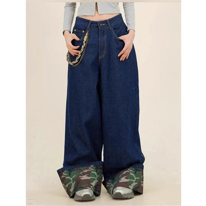 liwuka Women's Splicing Camouflage Rolled Edge Jeans Street Girl Bottoms Wide Legs Pants Female Fashion Blue Denim Trousers