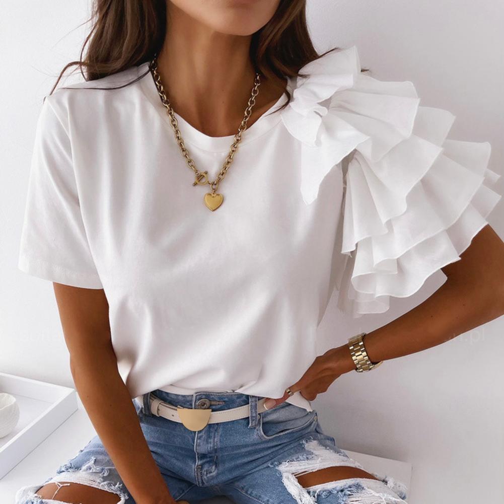 liwuka Fashion blouse women elegant white Solid Color Layered Ruffle Short Sleeve Asymmetric Loose T-shirt Top for Summer Women Blouses