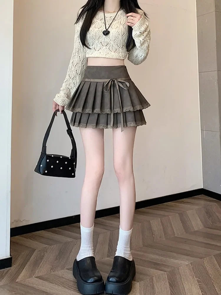 liwuka Chic Pleated Pu Skirts for Women High Waisted brown Black Fashion Solid Mini Skirts Autumn A Line Skirt 2024