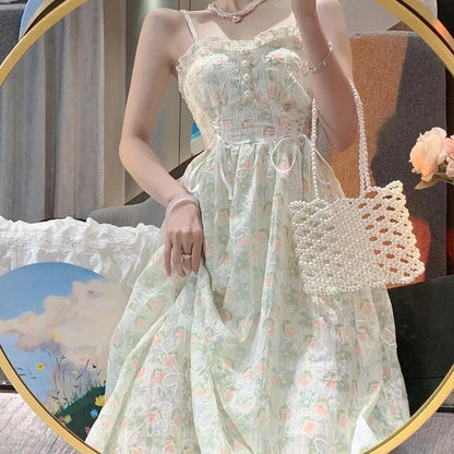 liwuka Spring Summer Elegant Y2k Midi Dress Women Casual Lace One Piece Dress Korean Sweet Vintage Floral Dress Party 2 Piece Set