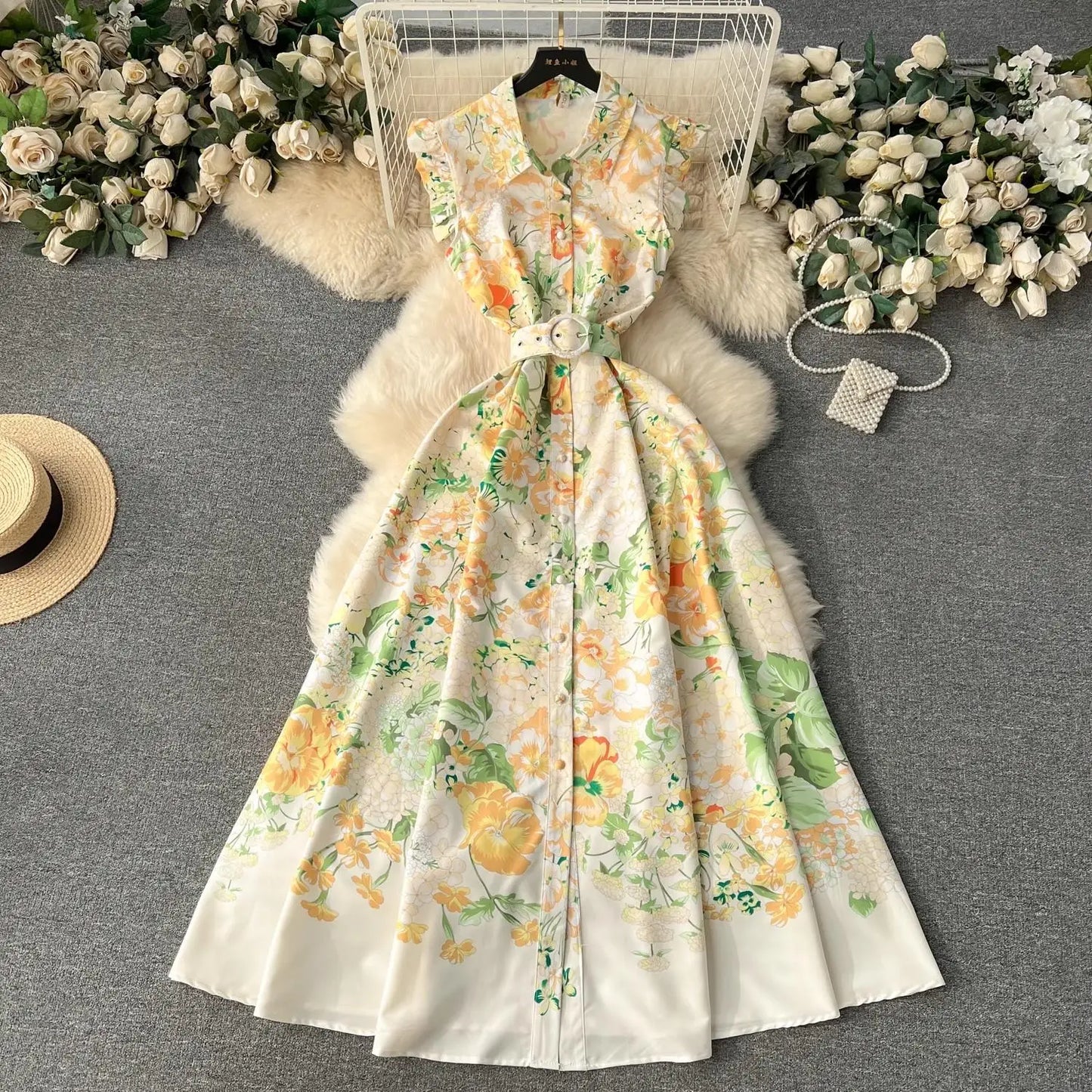 liwuka New Fashion 2024 Summer Holiday Long Dress Women's Gorgeous Sleeveless Turn Down Neck Floral Print Belt Robe Beach Vestidos