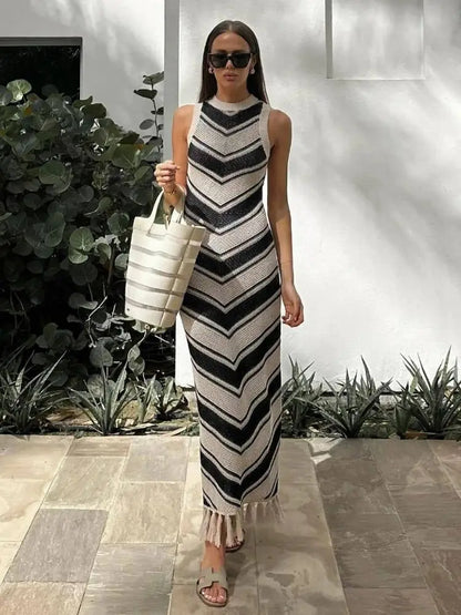 liwuka Summer Knitted Beach Dress Women Elegant Fashion Tassel Striped Long Dresses Summer Slim Bohemian Holiday Outfits 2024 Beachwear