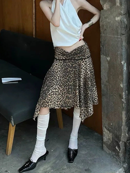 liwuka Leopard Print Midi Skirt Women Y2k Low Waist A-line Irregular Sexy Long Ruffles Cheetah Skirt 2024 Summer Streetwear