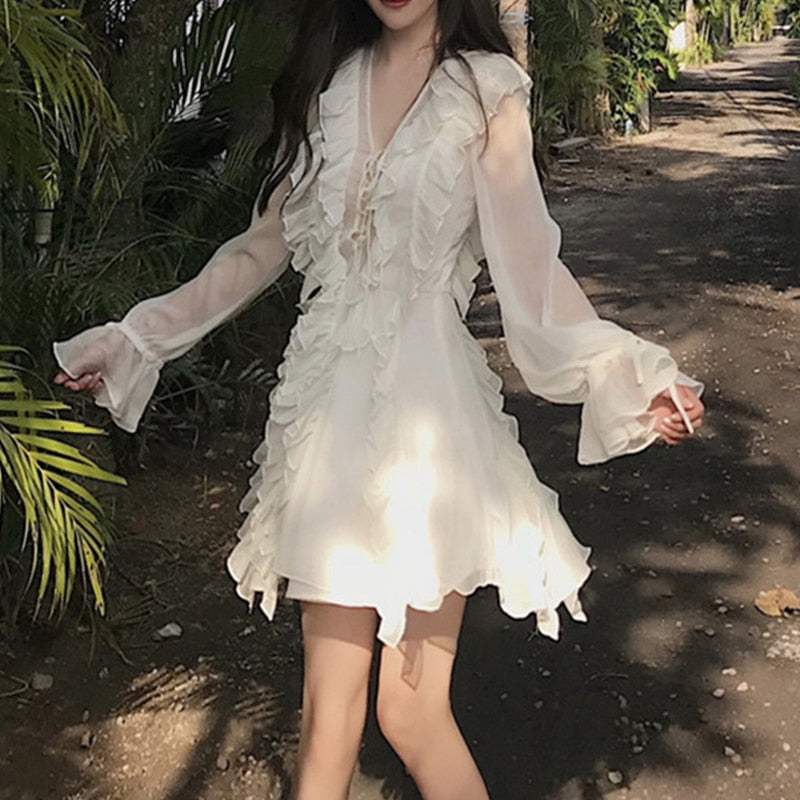 liwuka  Women Summer Fairy V Neck White Dress Mini Female Sweet Ruffles Casual Clothes Boho Short Chiffon Elegant Holiday Beach Dresses