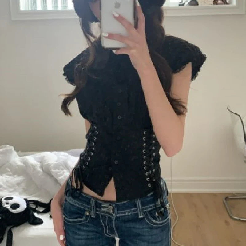 liwuka Chic Bandage Crop Top Y2k Vintage Grunge Black T-Shirts Women Button Slim Croset Aesthetic Punk Style Gothic Bustiers