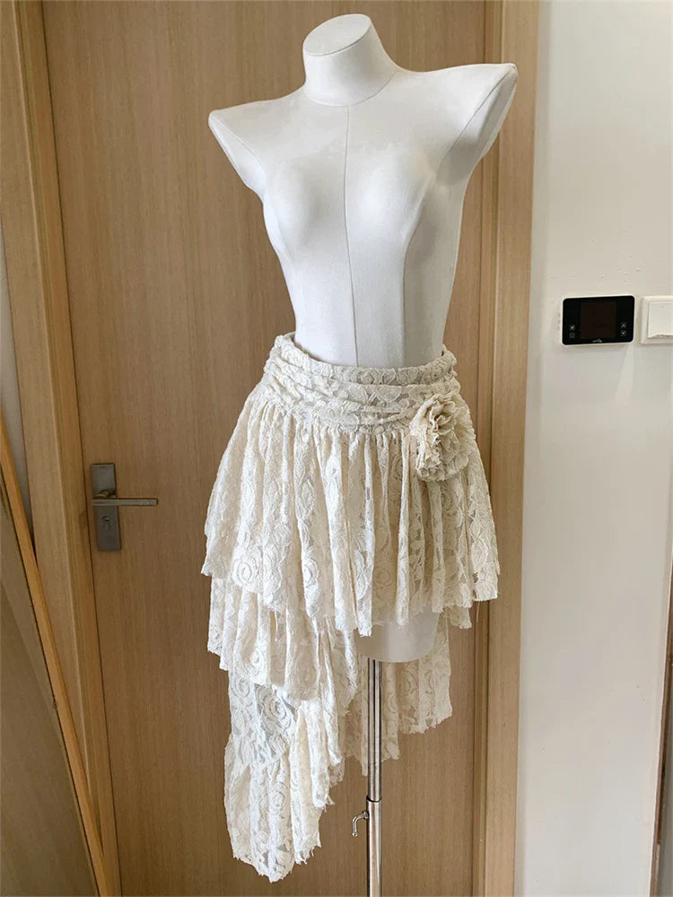 liwuka Women's Off White A-line Lace Skirt Vintage Y2k Irregular Mini Skirt Harajuku Korean Fashion Elegant Skirt 2000s Clothes Summer