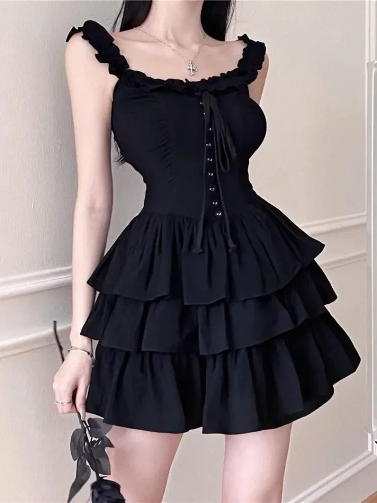 liwuka Gothic Lolita Kawaii Slip Dress Soft Girl Goth Harajuku Off Shoulder Backless Sexy Black Ruffles Party Dresses Y2k