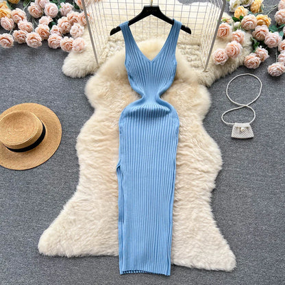 liwuka Women Dress Sexy V-neck Slim Elastic Ribbed Knitted One Piece Bodycon Dress Streetwear Lady Vestidos