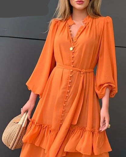 liwuka Orange Ruffles Midi Dress For Women Lantern Sleeve Button Solid Dress With Belt Daily Vacation Party Vestido