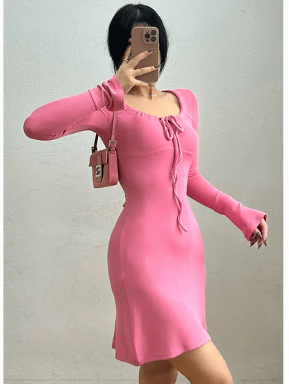 liwuka Sexy Elegant Slim Chest Tie Up Square Neck Flare Long Sleeved A-line Dress Short Dress Elegant Fashion Sexy Korean