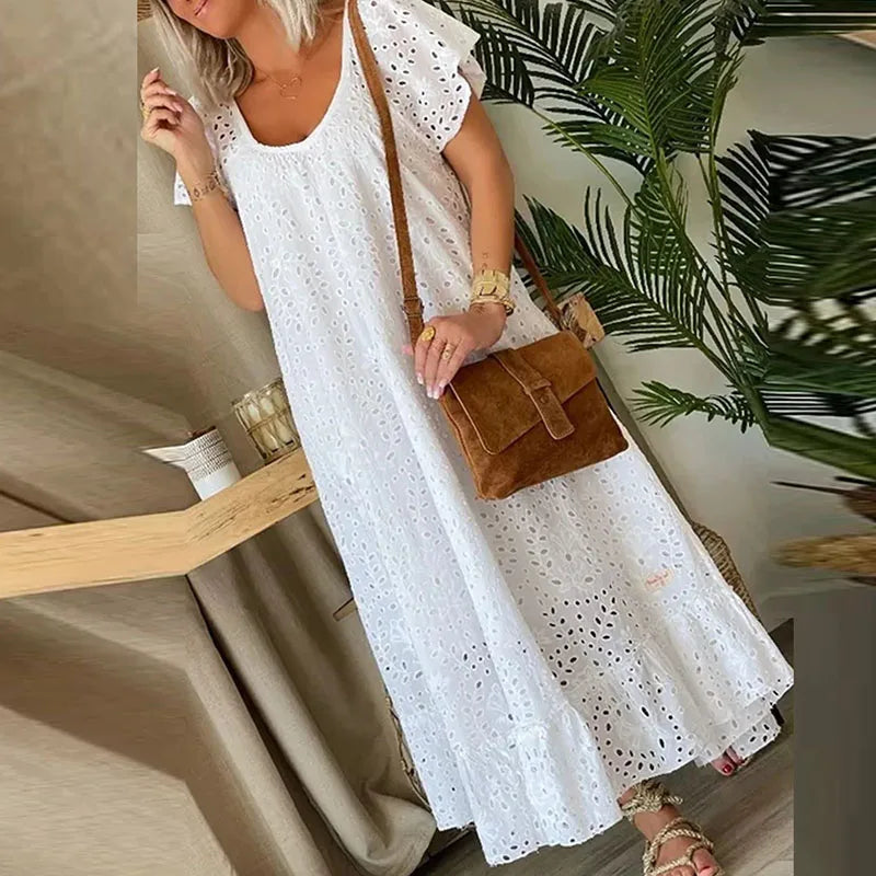 liwuka Summer Solid Color Short Sleeve Dress Female Casual Lace Crochet Pleated Maxi Dress New Fashion Hollow Out Backless Loose Dress