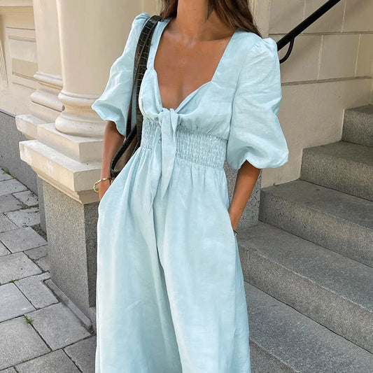 liwuka Original V-Neck Strap Design Cotton Linen Dress Spring and Summer Women's High Waist Bubble Sleeves Beach Vacation Casual Dress