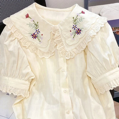 liwuka Women Shirt Peter Pan Collar Floral Embroidery Hollow Out Ruffles Blouses French Casual Fashion Sweet Short Puff Sleeve Tops