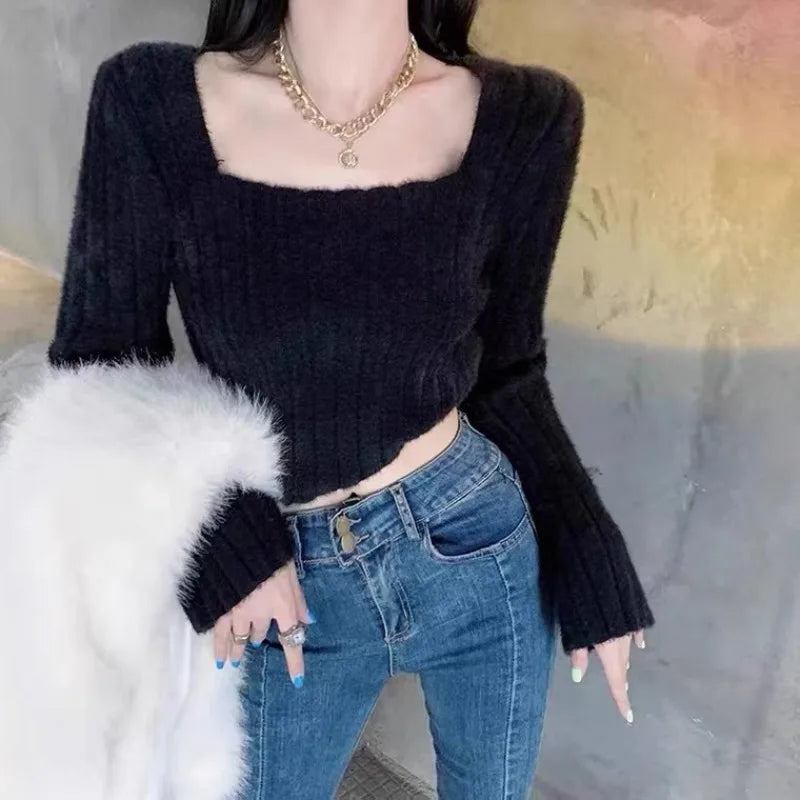 liwuka Autumn Winter Knitting Crop Tops Women Skinny Sweaters Bottom Shirts Fashion Female Long Sleeve Pullover Casual Knitted Sweater