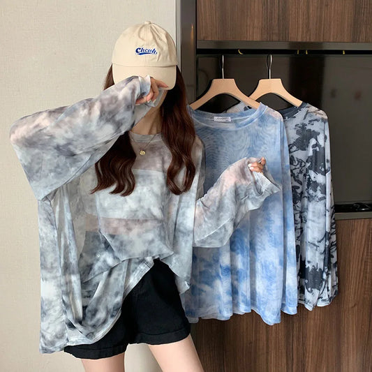 liwuka Tie dyed mesh sunscreen top for women's summer loose ice thin transparent long sleeved t-shirt for women's clothing cover up