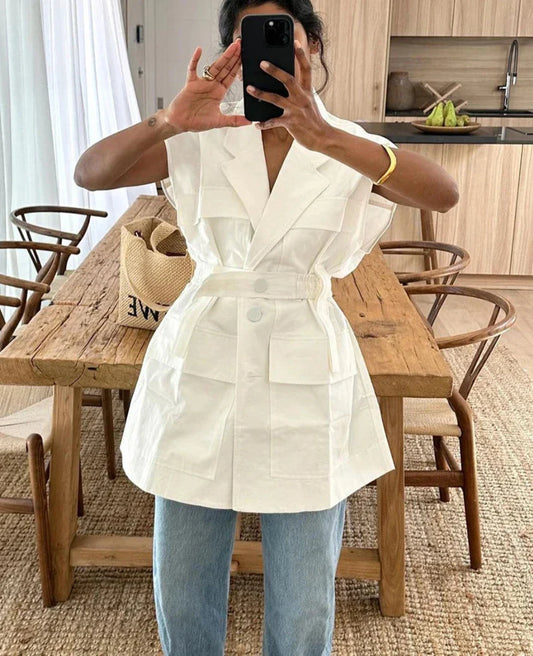 liwuka Fashion Loose White Cotton Women's Shirt 2024 Elegant Lapel Sleeveless Shirts Casual Classic Solid Top Female Clothing