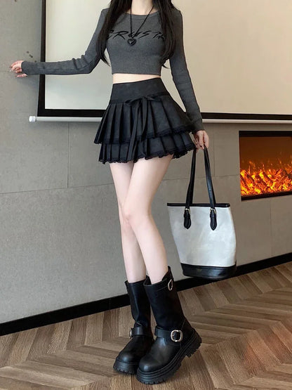 liwuka Chic Pleated Pu Skirts for Women High Waisted brown Black Fashion Solid Mini Skirts Autumn A Line Skirt 2024